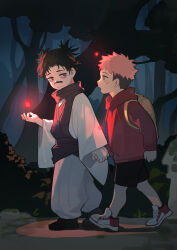  2boys aged_down backpack bag black_hair black_shorts brothers child choso_(jujutsu_kaisen) closed_mouth facial_mark forest from_side highres holding_hands hood hoodie itadori_yuuji jujutsu_kaisen looking_at_another male_focus multiple_boys nature night powering_up red_hoodie robe shoes short_hair short_twintails shorts siblings twintails upper_body walking white_robe yellow_bag yunkai 
