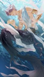  1boy armlet black_nails blue_sash body_markings commentary_request conch facial_mark fins fish_tail full_body gold_armlet gold_bracer gold_jewelry gold_necklace gymnopedies2 hair_between_eyes head_fins highres jewelry looking_at_viewer love_and_deepspace male_focus merman monster_boy nail_polish necklace parted_bangs parted_lips pink_eyes purple_hair rafayel_(love_and_deepspace) sash seashell shell short_hair solo tail topless_male underwater waist_sash 