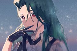  1girl ahoge androgynous awapontasu black_gloves black_necktie bright_pupils closed_mouth collared_shirt earrings gloves green_hair hair_down jewelry long_hair necktie pokemon pokemon_sv red_eyes reverse_trap rika_(pokemon) shirt solo suspenders triangle_earrings upper_body white_pupils 