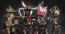  40mm_grenade 4girls absurdres ahoge animal_ear_fluff animal_ears anti-materiel_rifle assault_rifle ballistic_shield barrett_m82 belt benelli_m3 black_gloves black_pants black_shirt black_suit blonde_hair blood blood_on_knife blood_on_weapon blue_archive blue_eyes blue_halo bullet_hole bulletproof_vest check_commentary commentary commentary_request dog_tags earphones_on_animal_ears english_commentary eotech explosive fingerless_gloves fox_ears fox_girl fox_platoon_(blue_archive) fox_tail furrowed_brow glock gloves glowing glowing_eyes green_eyes grenade grenade_launcher grey_hair grey_tail gun h&amp;k_hk416 h&amp;k_ump halo hand_up handgun handle headphones helmet highres holding holding_gun holding_knife holding_shield holding_weapon holster implied_extra_ears injection knife kurumi_(blue_archive) laser_sight long_hair looking_at_viewer magazine_(weapon) microphone military military_combat_uniform military_uniform milkor_mgl multiple_girls night_vision_device niko_(blue_archive) odi original otogi_(blue_archive) pants pink_hair pliers radio radio_antenna red_dot_sight red_eyes red_gloves red_halo rifle scissors scope shield shirt short_hair shotgun sniper_rifle standing submachine_gun suit tactical_clothes tactical_gloves tail variant_set weapon yellow_eyes yellow_halo yellow_tail yukino_(blue_archive) 