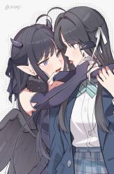  2girls absurdres arms_around_neck awa_subaru black_dress black_hair black_nails blazer blue_bow blue_bowtie blue_jacket blue_skirt bow bowtie commentary_request demon_horns demon_tail dress elbow_gloves eye_contact feathered_wings girls_band_cry girls_band_cry_rpg gloves hair_ribbon highres horns hug jacket kuji_(orca9ji) long_hair looking_at_another multiple_girls plaid_clothes plaid_skirt pleated_skirt pointy_ears purple_gloves ribbon school_uniform selfcest shirt skirt tail tongue tongue_out violet_eyes white_ribbon white_shirt wings yuri 