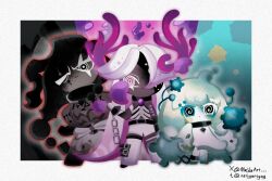  1boy 1girl 1other @_@ ambiguous_gender black_choker black_eyes black_hair blush body_markings choker colored_eyelashes colored_skin cookie_run cookie_run:_kingdom cuffs gradient_hair horns long_hair mold_dough_cookie multicolored_hair nellyart no_shirt one_eye_closed pants pom_pom_dough_cookie shackles torn_clothes twintails venom_dough_cookie watermark white_eyelashes white_eyes white_hair white_pants white_skin 