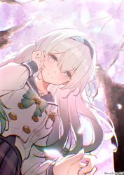  1girl aqua_bow aqua_bowtie bow bowtie buttons cherry_blossoms closed_mouth commentary double-breasted falling_petals firefly_(honkai:_star_rail) firefly_(spring_missive)_(honkai:_star_rail) from_below gradient_hair green_hair grey_hair grey_hairband grey_sailor_collar grey_skirt hair_between_eyes hairband hand_up highres honkai:_star_rail honkai_(series) long_hair long_sleeves looking_at_viewer mashiro_(user_65392488) multicolored_hair name_tag paid_reward_available petals plaid_bow plaid_bowtie plaid_clothes plaid_skirt sailor_collar school_uniform serafuku shirt skirt smile tree tucking_hair twitter_username upper_body violet_eyes white_shirt 