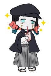  1boy :3 aqua_eyes arm_at_side asymmetrical_bangs black_cape black_hair black_hat blush bubble_tea cape colored_tips commentary_request cup deformed demon_boy drinking drinking_straw drinking_straw_in_mouth enmu_(kimetsu_no_yaiba) facial_mark footwear_request full_body grey_pants hakama hakama_pants hat headwear_request highres holding holding_cup japanese_clothes kimetsu_no_yaiba long_sleeves male_focus medium_hair multicolored_hair no_sclera pants raised_inner_eyebrows shirt simple_background socks solo sparkle standing striped_clothes striped_pants symbol-shaped_pupils taishou tears_facial_mark trap white_background white_shirt white_socks wing_collar yuui_(hakohako0104) 
