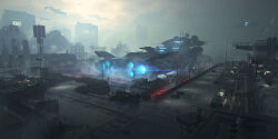  beam_cannon building catwalk_(walkway) commentary highres industrial_pipe lamppost lens_flare mangshuo no_humans oil_refinery original outdoors overcast photoshop_(medium) radar_dish radio_antenna rain science_fiction sky spacecraft spacecraft_turret thrusters vehicle_focus 