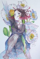  1boy arm_at_side arm_up asymmetrical_bangs black_jacket blue_eyes bud buttons closed_mouth coattails colored_tips commentary_request cowboy_shot dated demon_boy enmu_(kimetsu_no_yaiba) facial_mark floating_hair floral_background flower grey_pants highres jacket kanna_nijiniji kimetsu_no_yaiba knee_up long_sleeves looking_to_the_side male_focus medium_hair mismatched_pupils multicolored_hair oversized_flower pants pinstripe_pants pinstripe_pattern poppy_(flower) smile solo suit_jacket symbol-shaped_pupils tailcoat tears_facial_mark traditional_media trap turning_head undershirt white_background white_flower 