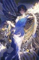  1girl absurdres armlet black_hair blue_dress blue_veil bracelet dress evening_gown feet_out_of_frame from_above hands_up highres insect_pin isolde_(reverse:1999) isolde_(the_last_fluttering_beat)_(reverse:1999) jewelry long_hair looking_at_viewer lying mi_ran_ran official_alternate_costume on_back parted_lips reverse:1999 shade shawl sleeveless sleeveless_dress solo two-tone_dress veil very_long_hair violet_eyes wavy_hair white_dress yellow_shawl 