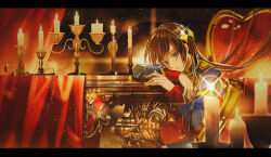  1girl :/ absurdres aiguillette arm_rest armchair black_hair blue_eyes blue_jacket blurry blurry_background blurry_foreground candelabra candlestand chair chinese_commentary closed_mouth commentary_request curtains depth_of_field diffraction_spikes epaulettes film_grain fingernails glint hair_flowing_over hand_rest hands_up head_rest head_tilt highres hunched_over jacket kagura_hikari lens_flare letterboxed lips long_hair long_sleeves looking_at_viewer multicolored_jacket parted_bangs shoujo_kageki_revue_starlight sideways_glance sitting solo sparkle_hair_ornament star_(sky) table tablecloth twirling_hair upper_body wu_huo_(nor020113) yellow_trim 