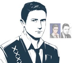  1boy black_vest collared_shirt commentary english_commentary hair_slicked_back highres hvcassini98 jitome limbus_company looking_at_viewer male_focus meursault_(project_moon) monochrome necktie portrait project_moon reference_inset shirt short_hair sketch solo vest white_background 