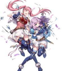  2girls armor arrow_(projectile) attack battle_damage belt black_thighhighs blue_boots blue_cape blue_gloves blue_thighhighs blush boots bow_(weapon) breastplate breasts brown_belt cape circlet closed_mouth dagger damaged dress elbow_gloves fighting_stance fingerless_gloves fire_emblem fire_emblem:_the_blazing_blade fire_emblem:_three_houses fire_emblem_heroes florina_(fire_emblem) florina_(skyward_wings)_(fire_emblem) gloves gomashio_ponz green_eyes hairband headband highres hilda_valentine_goneril hilda_valentine_goneril_(skyward_wings) holding holding_bow_(weapon) holding_dagger holding_knife holding_weapon knife long_hair looking_at_viewer multiple_girls non-web_source official_alternate_costume official_art one_eye_closed open_mouth pink_dress pink_eyes pink_hair purple_hair quiver sheath short_sleeves shoulder_armor simple_background thigh-highs thigh_boots torn_clothes twintails weapon white_background white_cape white_dress white_hairband white_headband 