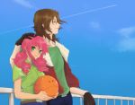  arch_(artist) gloves green_eyes gundam gundam_00 hand_on_head haro lockon_stratos petting pink_hair plum_(arch) sky 