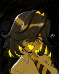  bags_under_eyes blush can't_be_this_cute dress_shirt glowing glowing_eyes glowing_hair highres joecanvas looking_at_viewer midas_(vtuber) mole necktie original shirt solo_focus tongue tongue_out virtual_youtuber 