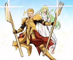  1boy 1other androgynous armor blonde_hair commentary_request enkidu_(fate) fate/strange_fake fate_(series) fork gilgamesh_(fate) gold_armor green_hair highres holding holding_fork km_mechi long_hair other_with_male robe white_robe 