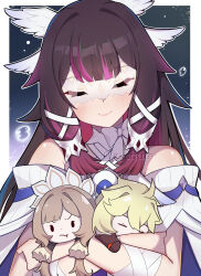  1girl absurdres aether_(genshin_impact) bare_shoulders black_hair blush border character_doll closed_eyes closed_mouth columbina_(genshin_impact) commentary doll dr.kira dress genshin_impact head_tilt highres multicolored_hair outside_border purple_hair sandrone_(genshin_impact) smile solo twitter_username two-tone_hair white_border white_dress 