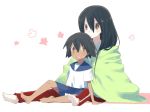  barefoot black_hair blanket brown_eyes dark_skin ecocube feet komori_kiri lap_sitting long_hair sayonara_zetsubou_sensei school_uniform sekiutsu_maria_taro sekiutsu_maria_tarou short_hair sitting sitting_on_lap sitting_on_person 