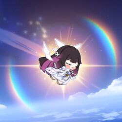  1girl barefoot black_hair blue_sky blunt_bangs blush_stickers bow bowtie chibi chibi_only closed_eyes clouds cloudy_sky colored_inner_hair columbina_(genshin_impact) commentary day dress english_commentary eye_mask feathered_wings flying full_body genshin_impact gradient_hair hair_ornament head_wings highres leg_ribbon long_hair long_sleeves mask multicolored_hair multiple_wings open_mouth outdoors purple_hair rainbow ribbon sidelocks sky smile solo star_(sky) two-tone_hair unosaki2 very_long_hair white_bow white_bowtie white_dress white_mask wide_sleeves wings x_hair_ornament 