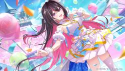  1girl :d absurdres azki_(hololive) balloon black_hair blue_corset blue_sky bow braid clouds colored_inner_hair commentary_request concert confetti copyright_name corset day detached_collar detached_sleeves double-parted_bangs dress garter_straps hair_intakes hair_ornament hairclip half_up_half_down_braid hand_up headset highres hololive hololive_dreams layered_dress long_hair looking_at_viewer mole mole_under_eye multicolored_hair official_alternate_costume official_art open_mouth outdoors pink_hair pink_streaks ponytail puffy_detached_sleeves puffy_short_sleeves puffy_sleeves short_dress short_ponytail short_sleeves sidelocks single_garter_strap single_thighhigh sky sleeveless sleeveless_dress smile solo star_(symbol) star_hair_ornament teeth thigh-highs upper_teeth_only very_long_hair violet_eyes virtual_youtuber white_dress white_streaks wrist_cuffs 