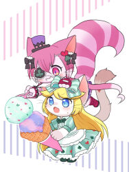  2girls :3 accurate_lolita_coord alice_(cat_busters) animal_ears black_bow blonde_hair blue_eyes body_fur bow cat_busters cat_ears cat_girl cat_tail cheshire_(cat_busters) chibi chibi_only chibikemo classic_lolita club_(shape) commentary_request dress eyepatch food furry furry_female green_bow green_dress hair_bow hair_ornament hat holding holding_food holding_ice_cream ice_cream lace-trimmed_bow lace_trim lolita_fashion long_hair low_twintails mini_hat mini_top_hat multiple_girls pawpads purple_fur purple_hair simple_background spade_hair_ornament striped_tail tail top_hat twintails very_long_hair violet_eyes wataboshi whiskers white_background white_fur 