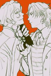  2boys absurdres chinese_commentary commentary_request dawnharbour daybit_sem_void fate/grand_order fate_(series) greyscale_with_colored_background gun gun_to_chin gun_to_head highres holding holding_gun holding_weapon jacket looking_at_another male_focus marisbury_animusphere multiple_boys necktie orange_background profile shirt short_hair simple_background smile upper_body weapon 
