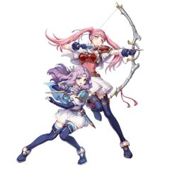  2girls armor arrow_(projectile) attack belt black_thighhighs blue_boots blue_cape blue_gloves blue_thighhighs blush boots bow_(weapon) breastplate breasts brown_belt cape circlet dagger dress elbow_gloves fighting_stance fingerless_gloves fire_emblem fire_emblem:_the_blazing_blade fire_emblem:_three_houses fire_emblem_heroes florina_(fire_emblem) florina_(skyward_wings)_(fire_emblem) gloves gomashio_ponz green_eyes hairband headband hilda_valentine_goneril hilda_valentine_goneril_(skyward_wings) holding holding_bow_(weapon) holding_dagger holding_knife holding_weapon knife long_hair looking_at_viewer multiple_girls official_alternate_costume official_art open_mouth pink_dress pink_eyes pink_hair purple_hair quiver sheath short_sleeves shoulder_armor simple_background smile thigh-highs thigh_boots twintails weapon white_background white_cape white_dress white_hairband white_headband 