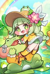  1girl :3 blunt_bangs blush boots bow braid braided_ponytail bright_pupils brown_hat chibi chibi_only clover commentary_request day denim denim_shorts flower flower_in_eye frog full_body green_hair green_shorts hair_bow hair_ornament hairclip hat hat_flower highres hood hood_down hooded_coat korean_commentary lily_pad long_hair looking_at_viewer on_animal open_mouth outdoors parallel_hairclips pink_flower polka_dot polka_dot_ribbon pond rainbow raincoat ribbon ribbon-trimmed_sleeves ribbon_trim rubber_boots shorts smile solo sun_hat symbol_in_eye trhisell trickcal ui_(trickcal) water yellow_boots yellow_bow yellow_raincoat yellow_ribbon zipper_pull_tab 