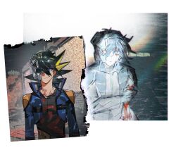  2boys 99ki5 abandoned alternate_form artificial_eye bags_under_eyes black_hair black_shirt bleeding blood blood_from_eyes blood_from_forehead blood_on_clothes blood_on_face blue_coat blue_eyes coat crying crying_with_eyes_open dappled_sunlight facial_mark facing_viewer garage hair_between_eyes hand_on_own_arm highres indoors injury looking_to_the_side male_focus mechanical_eye multiple_boys open_clothes open_coat photo_(object) popped_collar racing_suit robe shirt shoulder_pads side-by-side smile spiky_hair streaming_tears sunlight tears torn_paper white_background white_robe yu-gi-oh! yu-gi-oh!_5d's z-one 