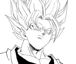  1boy 1rasutotoukou disappointed dougi dragon_ball dragon_ball_z greyscale male_focus medium_hair monochrome muscular muscular_male shirt simple_background solo son_goku spiky_hair super_saiyan super_saiyan_1 upper_body white_background 