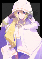  1girl black_border blonde_hair border brown_gloves closed_mouth coat commentary_request dot_nose double-parted_bangs gloves grey_background hair_between_eyes hand_up highres hood hood_up long_hair long_sleeves looking_at_viewer magia_record:_mahou_shoujo_madoka_magica_gaiden mahou_shoujo_madoka_magica outside_border red_eyes serizawa_serizane solo togame_momoko upper_body watermark white_coat 
