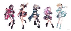  5girls asymmetrical_clothes asymmetrical_sleeves azki_(hololive) black_pants black_shirt black_skirt boots collared_shirt color-coded commentary_request copyright_name cropped_shirt detached_sleeves full_body highres himemori_luna hololive hololive_idol_uniform_(color_rise) kazama_iroha lace-up_boots midriff miniskirt mismatched_sleeves multicolored_shirt multiple_girls natsuiro_matsuri navel official_alternate_costume official_art pants platform_boots puffy_detached_sleeves puffy_short_sleeves puffy_sleeves shirogane_noel shirt short_sleeves simple_background single_detached_sleeve single_pantsleg single_sleeve skirt ugonba_(howatoro) white_background white_shirt white_skirt 