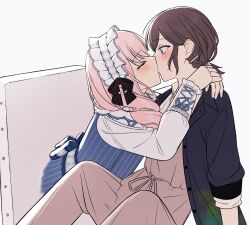  1girl 1other akiyama_mizuki arms_around_neck blush brown_eyes brown_hair closed_eyes collared_shirt colorful_festival_(project_sekai) commentary curly_hair drawstring hair_down headdress highres kiss long_hair looking_at_another mutu_(25love) nervous_sweating official_alternate_costume official_alternate_hairstyle other_with_female ponytail profile project_sekai shinonome_ena shirt sweat tied_drawstring very_long_hair white_background 