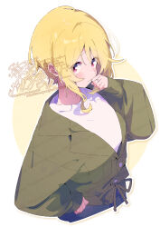  1girl alternate_hair_length alternate_hairstyle blonde_hair blush closed_mouth commentary_request cropped_torso green_jacket hand_up highres jacket long_sleeves looking_at_viewer magia_record:_mahou_shoujo_madoka_magica_gaiden mahou_shoujo_madoka_magica outline red_eyes serizawa_serizane shirt short_hair solo togame_momoko watermark white_outline white_shirt 