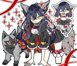 1girl :d :o alternate_costume animal_ears black_fur black_hair black_skirt black_sleeves breasts bright_pupils carmine_(pokemon) chibi chibi_inset colored_inner_hair colored_sclera crossed_bangs dog_ears dog_girl dog_tail fangs grey_fur hair_between_eyes ino_climate legband long_hair long_sleeves looking_at_viewer mole mole_under_eye multicolored_hair multiple_views open_mouth pokemon pokemon_(creature) pokemon_sv poochyena puffy_long_sleeves puffy_sleeves red_eyes red_hair red_ribbon ribbon shirt simple_background skirt smile standing tail two-tone_fur two-tone_hair upper_body white_background white_pupils white_shirt yellow_eyes yellow_sclera 
