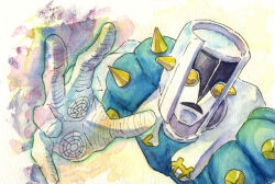  1boy aura commentary diamond_wa_kudakenai dollar_sign jojo_no_kimyou_na_bouken no_humans no_pupils open_hand open_mouth painting_(medium) shoulder_spikes simple_background solo spikes stand_(jojo) the_hand_(stand) traditional_media wadachi354 watercolor_(medium) white_background yellow_eyes yen_sign 