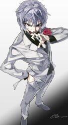  1boy collared_shirt commentary_request fangs fate/strange_fake fate_(series) flower formal_clothes full_body hand_in_pocket highres jacket jester_karture long_sleeves male_focus mikanha346 necktie red_eyes rose shirt short_hair smile solo suit suit_jacket white_suit 