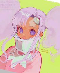  1girl artist_name blush dark-skinned_female dark_skin dated dress forehead_jewel green_background highres lace_trim long_hair looking_at_viewer meredy_(tales) nancykittyu open_mouth purple_hair simple_background smile solo tales_of_(series) tales_of_eternia twintails violet_eyes 