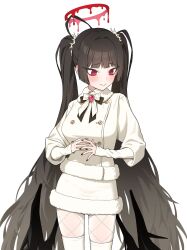  1girl alternate_costume alternate_hairstyle b1026 bags_under_eyes black_bow black_bowtie black_hair black_nails black_wings blood blood_halo blue_archive blush bow bowtie closed_mouth coat cowboy_shot duffel_coat fur-trimmed_coat fur-trimmed_skirt fur_trim halo highres liquid_halo long_hair looking_to_the_side low_wings melting_halo own_hands_together red_eyes red_halo scrunchie simple_background skirt solo thigh-highs tsurugi_(blue_archive) turning_head twintails unfinished very_long_hair white_background white_bow white_bowtie white_coat white_scrunchie white_skirt white_thighhighs wings 