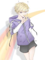  1boy absurdres adapted_costume aegyo_sal alien androgynous animification antennae black_shorts blonde_hair chinese_commentary commentary_request cowboy_shot highres hood hood_down hoodie jiujiechenxiang layered_sleeves long_sleeves looking_at_viewer male_focus minecraft_youtube purple_hoodie purpled short_hair short_sleeves shorts simple_background star_(symbol) thick_eyelashes violet_eyes white_background 