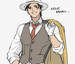  1boy anonatsutods artist_name brown_eyes brown_hair coat commentary fedora gloves grey_suit grey_vest hat jacket jacket_on_shoulders looking_at_viewer male_focus octopath_traveler octopath_traveler_ii partitio_yellowil simple_background smile suit vest waistcoat white_gloves white_hat yellow_coat 