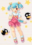  blue_hair blush child doki_doki_majo_shinpan hair_ribbon happy inoh_shin inou_shin open_mouth purse red_eyes ribbon school_uniform serafuku shoes short_twintails skirt sneakers star twintails wink 