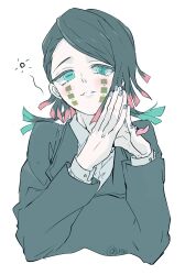  1boy aqua_eyes asymmetrical_bangs black_hair black_jacket blush buttoned_cuffs buttons colored_tips commentary_request cropped_torso demon_boy enmu_(kimetsu_no_yaiba) facial_mark finger_tattoo hands_up highres jacket kagesaki kanji_tattoo kimetsu_no_yaiba long_sleeves looking_at_viewer male_focus medium_hair misplaced_mouth multicolored_hair open_mouth own_hands_together parted_lips purple_nails signature simple_background smile solo squeans steepled_fingers straight-on suit_jacket symbol-shaped_pupils tareme tattoo tears_facial_mark teeth tongue tongue_out trap undershirt upper_body white_background 