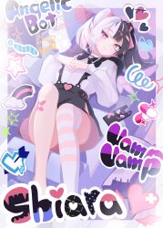  1girl absurdres bandaid bandaid_on_leg black_bow black_hair black_skirt bow breasts cellphone character_request commentary_request copyright_request fujiwara_echi hair_ornament heart highres large_breasts long_sleeves looking_at_viewer lying multicolored_hair on_back phone pill shirt single_thighhigh skirt solo split-color_hair striped_clothes striped_thighhighs suspender_skirt suspenders thigh-highs twintails two-tone_hair virtual_youtuber white_hair 