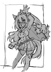  1girl :d animal_ears arm_up beer_hsk cape el_condor_pasa_(el_numero_1)_(umamusume) el_condor_pasa_(umamusume) eye_mask greyscale hair_between_eyes highres horse_ears horse_girl horse_tail jacket long_sleeves looking_at_viewer mask monochrome pleated_skirt ponytail sketch skirt smile solo tail umamusume white_background 