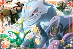  2025 animal_focus arbok chinese_zodiac closed_mouth commentary_request ekans english_text fangs forked_tongue gurifon happy_new_year highres new_year no_humans nostrils open_mouth outline pokemon pokemon_(creature) pokemon_focus red_eyes sandaconda serperior seviper sharp_teeth silicobra skin_fangs slit_pupils snake species_connection steelix teeth tongue tongue_out white_outline year_of_the_snake 