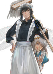  2boys absurdres apron black_dress blue_eyes crossdressing crossdressing_(mtf) dragonfly_wings dress enmaided fate/grand_order fate_(series) grey_hair hair_between_eyes hashtag-only_commentary highres holding holding_mop licking_lips maid maid_headdress male_focus male_maid mop multiple_boys oberon_(fate) oberon_(first_ascension)_(fate) oberon_(third_ascension)_(fate) parted_lips peeking_out renrenka_noi short_hair simple_background tongue tongue_out white_apron white_background 