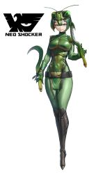 1girl armor arthropod_girl belt black_belt black_boots bodysuit boots commentary dual_wielding eidenjyou1997 emblem english_commentary full_body genderswap genderswap_(mtf) green_armor green_bodysuit green_eyes green_hair highres holding holding_sickle holding_weapon kamagirijin kamen_rider looking_at_viewer mantis_girl monster_girl multicolored_hair neo_kamen_rider parted_lips red_hair shocker_(kamen_rider) short_hair sickle simple_background smirk solo standing teeth thigh_boots weapon white_background