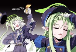  adjusting_hair anger_vein armband black_tail blue_archive blue_armband closed_eyes commentary demon_tail gloves green_hair green_halo halo hand_in_own_hair hat highres hikari_(blue_archive) long_hair meme mr.lazy naoya_hitting_choso_without_looking_(meme) open_mouth peaked_cap pointy_ears punching siblings sidelocks sisters symbol-only_commentary tail twins twintails white_gloves 