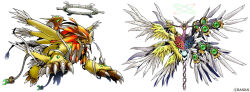  asymmetrical_wings dalphomon digimon digimon_(creature) digimon_liberator double_halo exmaquinamon feathered_wings halo head_wings mask mechanical_wings mismatched_wings multiple_wings official_art orange_hair sharp_teeth simple_background teeth white_background winged_arms wings 