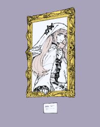  1000-nen_ikiteru_(vocaloid) 1girl blonde_hair closed_mouth commentary_request cross cross_earrings dress earrings from_behind gloves highres hikami_meruru holding iyowa_girls jewelry long_hair long_sleeves looking_at_viewer looking_back mahou_shoujo_no_majo_saiban natch picture_frame purple_background sitting smile solo through_medium through_painting veil white_dress white_gloves white_veil 