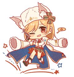  1girl belt black_gloves black_socks blonde_hair blush boots brooch brown_belt brown_boots brown_skirt buckle chibi fingerless_gloves full_body fur_hat fur_trim girls_frontline gloves gun hair_between_eyes hand_on_headwear handgun hat holding holding_gun holding_weapon holster jacket jacket_on_shoulders jewelry jumping long_sleeves lowres nagant_m1895 nagant_revolver_(girls'_frontline) one_eye_closed open_mouth pleated_skirt purple_ribbon red_eyes red_ribbon revolver ribbon shirt silence_girl skirt smile socks solo tachi-e teeth thigh_strap v-shaped_eyebrows weapon white_background white_hat white_jacket white_shirt 