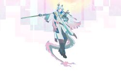  1boy absurdres arknights black_pants black_shoes blue_streaks bonsai chinese_commentary closed_mouth colored_extremities commentary_request dragon_boy dragon_horns dragon_tail earrings eastern_dragon_horns eastern_dragon_tail floating flower_pot full_body gradient_hair green_hands green_streaks hair_between_eyes highres holding holding_flower_pot holding_weapon horns jacket jewelry jzstraight long_hair long_sleeves looking_to_the_side male_focus multicolored_hair pants pink_eyes pointy_ears shirt shoes smile solo streaked_hair tail weapon white_jacket white_shirt yi_(arknights) 